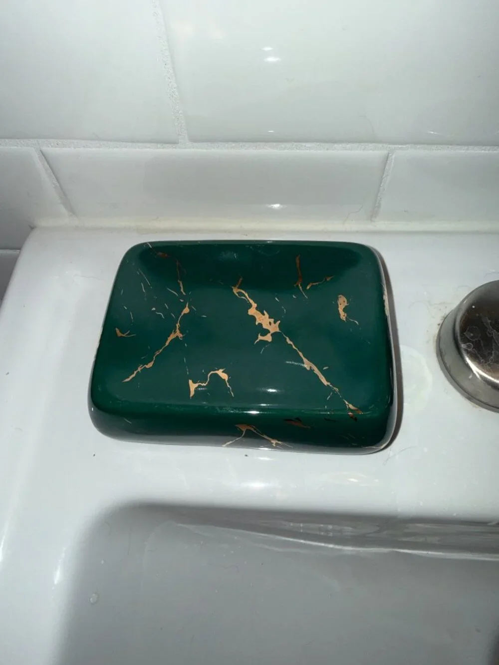 Elegant Emerald Green & Gold Marble Ceramic Soap Dish